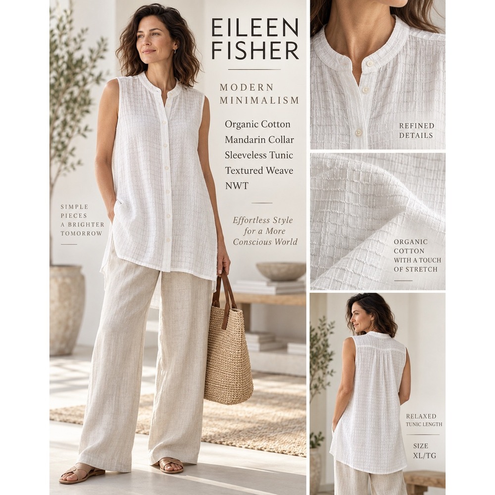 Eileen Fisher NWT XL White Organic Cotton Mandarin Collar Textured Tunic